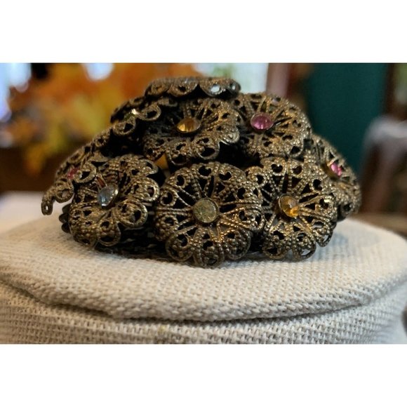 Vintage Czech Brass and Rhinestone Domed Filigree Pin Brooch - Picture 3 of 10